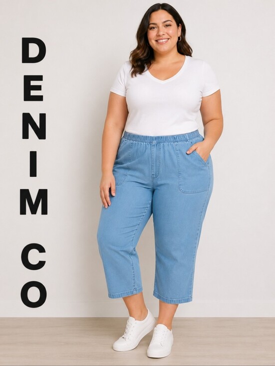 Denim&Co Denim - DENIM CO Women 1X Original Waist Stretch Pull-On Cropped Denim Blue Jeans A14925